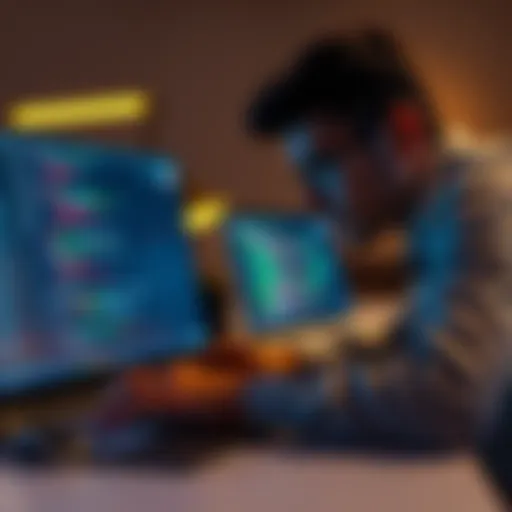 An Android developer working on a laptop, designing a personal portfolio website with code and design elements visible on the screen.