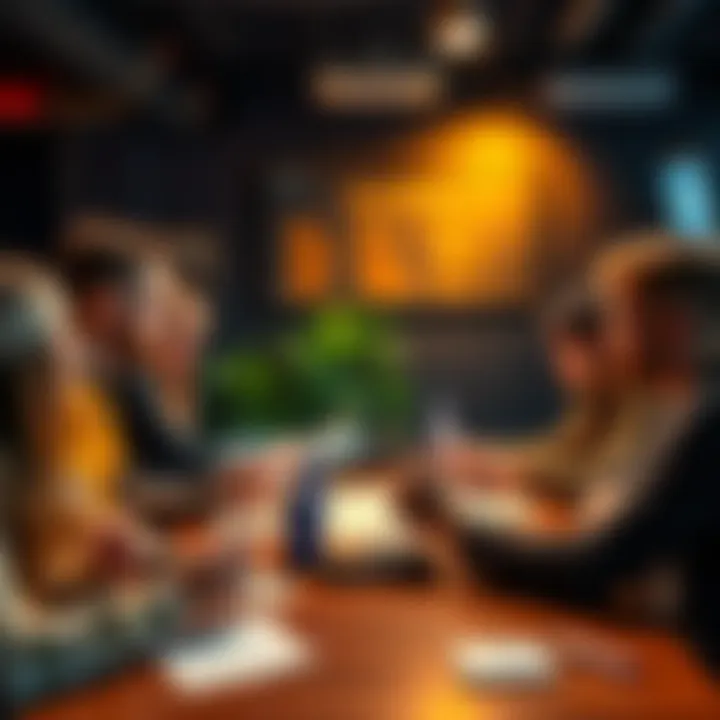 A diverse group of people brainstorming unique team names for a hackathon, with notes and ideas spread out on a table
