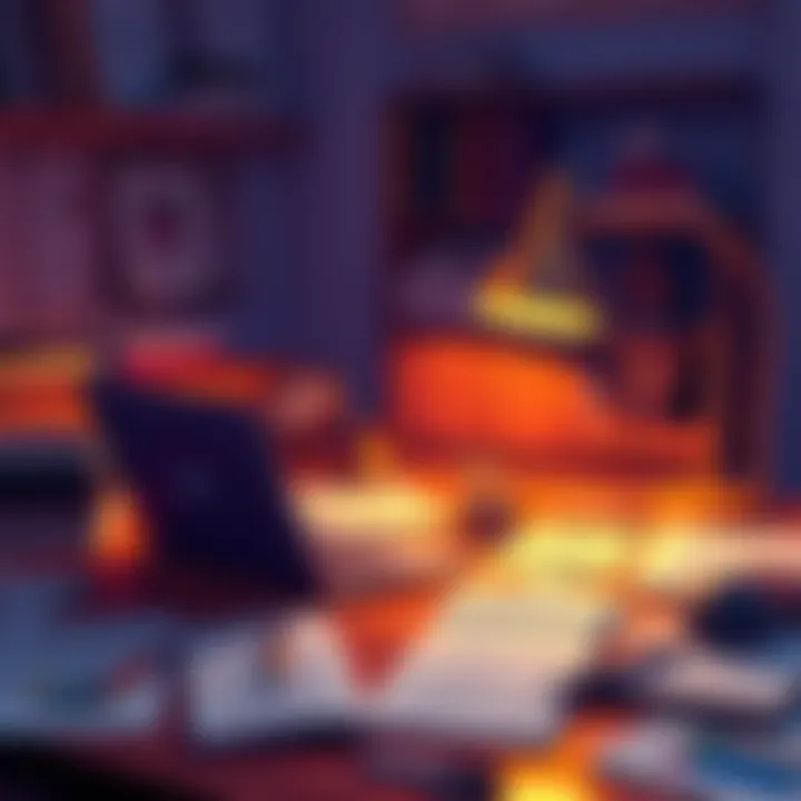An author sits at a desk with a laptop, surrounded by notes and illustrations, exploring the NFT marketplace for storytelling.
