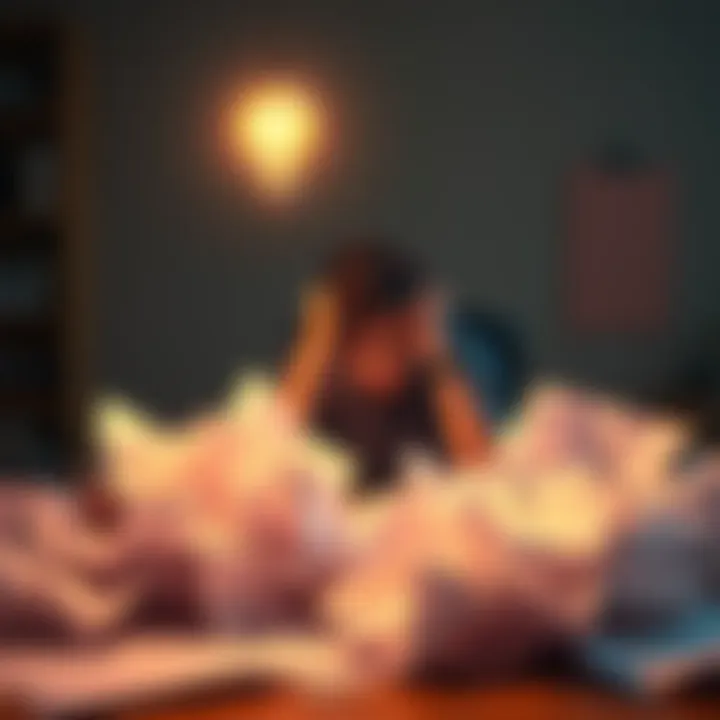A person sitting at a desk, looking frustrated with crumpled papers around, symbolizing a creative block. Bright light bulb above their head suggests a new idea forming.