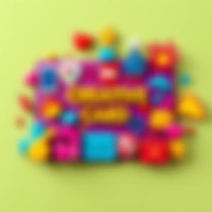 A colorful card design featuring various unique icons that showcase inventive creativity.