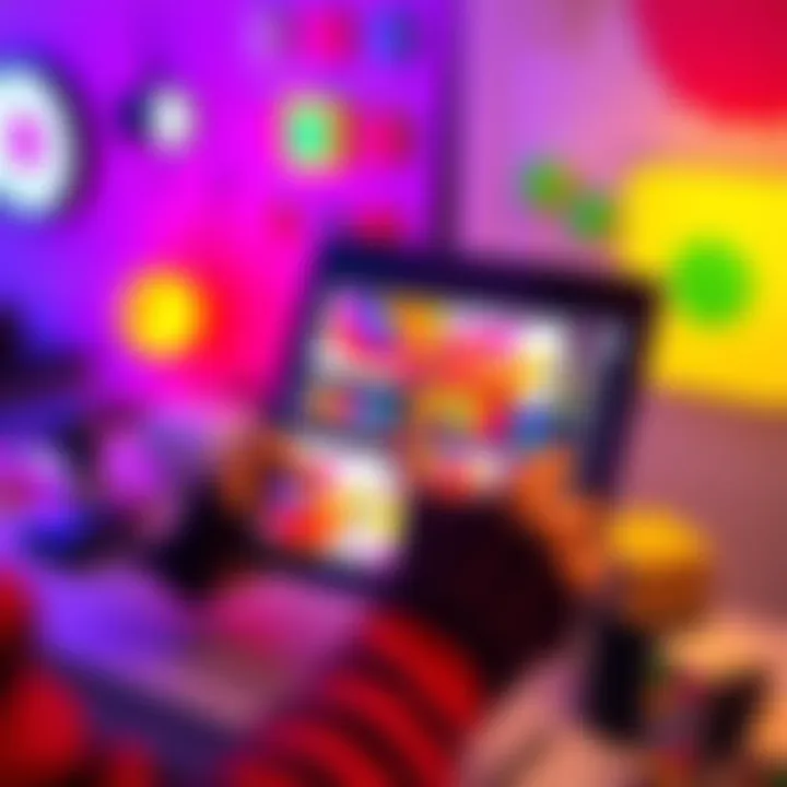 Creative Design Tools A person customizing a design on a digital platform with colorful design elements around them.
