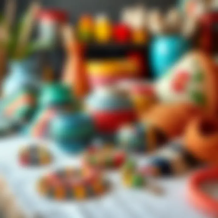 A colorful display of handmade crafts including painted pots, knitted scarves, and beaded jewelry on a crafting table