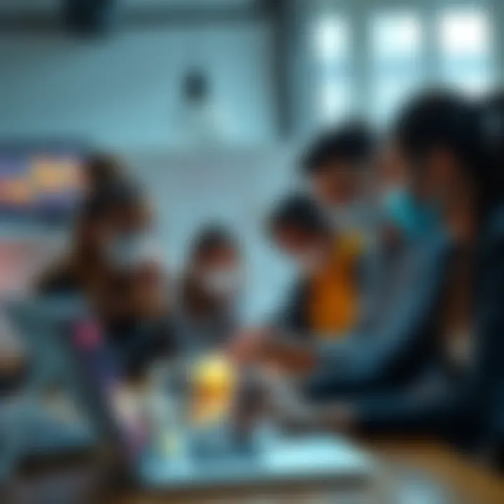 A group of people brainstorming and working together on creative projects while facing internet restrictions, showcasing teamwork and innovation.