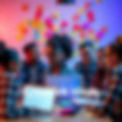 A group of diverse people brainstorming with colorful sticky notes and laptops, showcasing creativity in action.