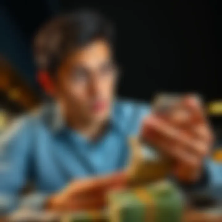 A person considering various creative money strategies while looking at a stack of cash.