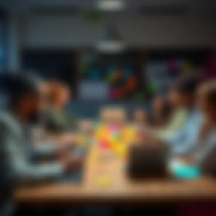 A group of diverse people brainstorming innovative project ideas around a table with colorful sticky notes and laptops.