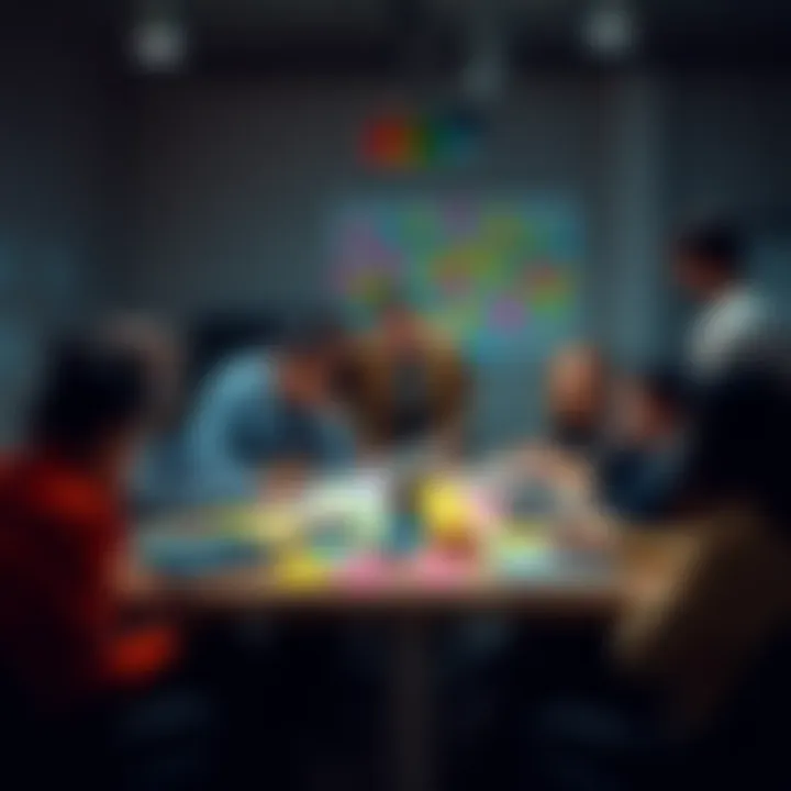 Diverse Team Collaborating on Creative Solutions A dynamic team brainstorming innovative ideas around a table with colorful sticky notes and digital devices, showcasing teamwork and creativity.