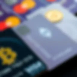 Credit cards with cryptocurrency symbols A close-up of credit cards featuring popular cryptocurrency logos like Bitcoin and Ethereum, representing the concept of crypto payments through traditional payment networks.