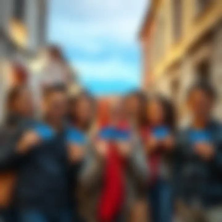 A diverse group of residents in Spain holding credit cards, smiling and celebrating their new financial opportunities