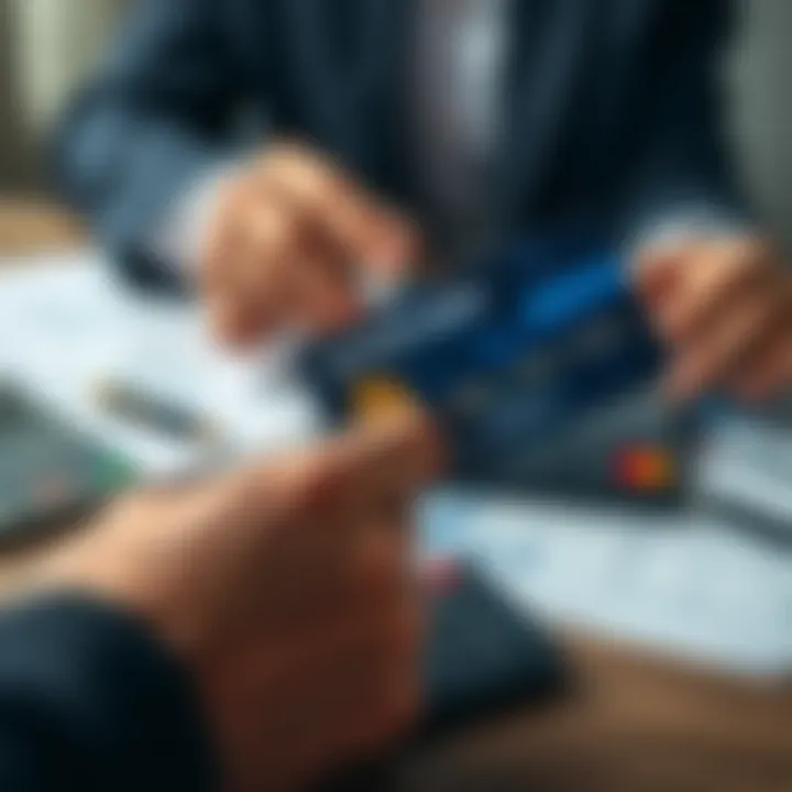 A person holding a credit card next to a Bitcoin symbol with a calculator and financial documents on the table.
