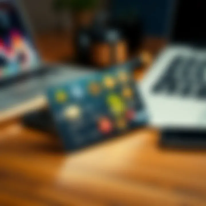 A credit card featuring various cryptocurrency logos on it, placed on a wooden desk with a laptop and a smartphone in the background.