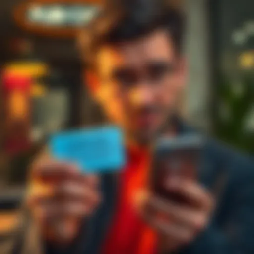 A person looks frustrated while holding a credit card and a phone, showing a message about declined transactions