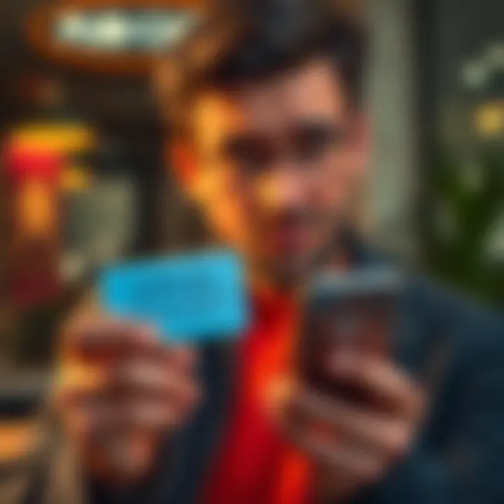 A person looks frustrated while holding a credit card and a phone, showing a message about declined transactions