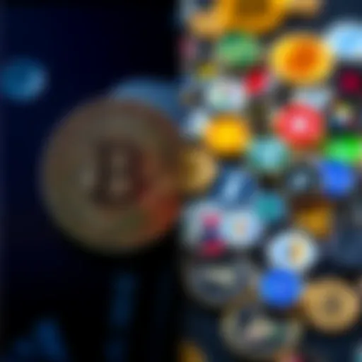 A split image showing Bitcoin on one side and various altcoin logos on the other, symbolizing a choice for credit card rewards.