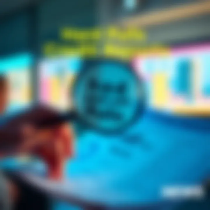 A person reviewing their credit report with a magnifying glass, focusing on hard and soft pulls