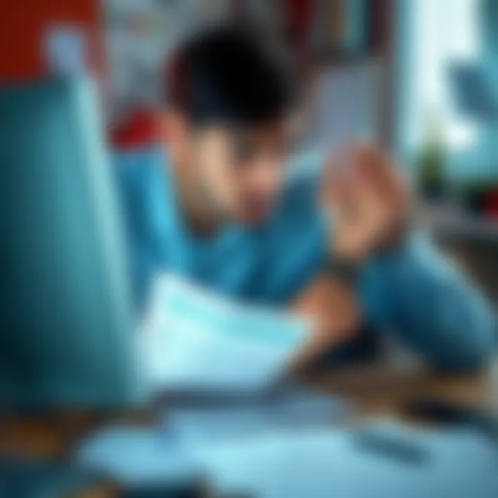 A worried person checking their credit score on a computer while surrounded by documents about loans and car payments