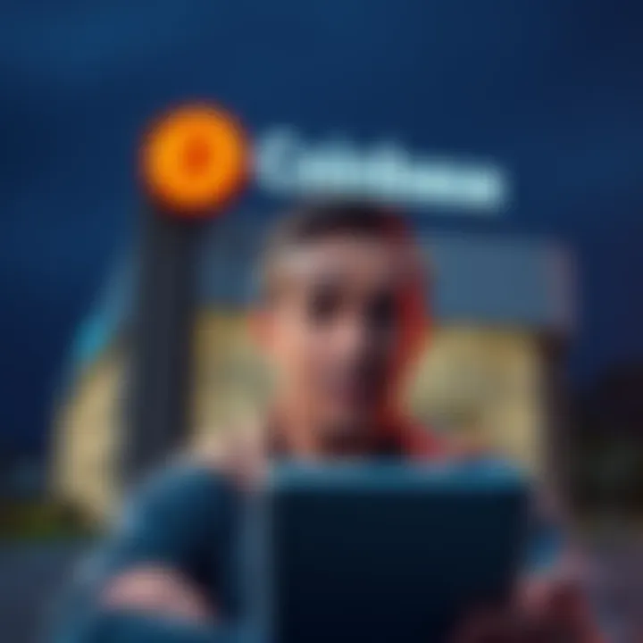 Frustrated customer looking at blocked cryptocurrency purchases on Coinbase, with a regional credit union building in the background.