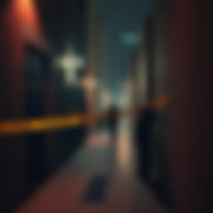 A dark alley in Dubai with police tape and a shadowy figure, hinting at a recent crime involving a dismembered crypto scammer and his wife.