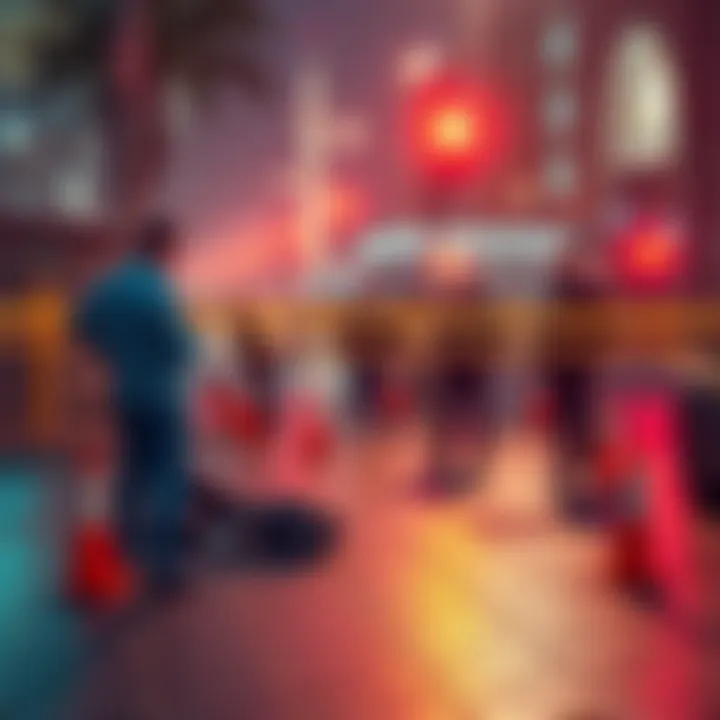 Authorities investigating a crime scene in Dubai where the bodies of a crypto scammer and his wife were found, surrounded by police tape and evidence markers.