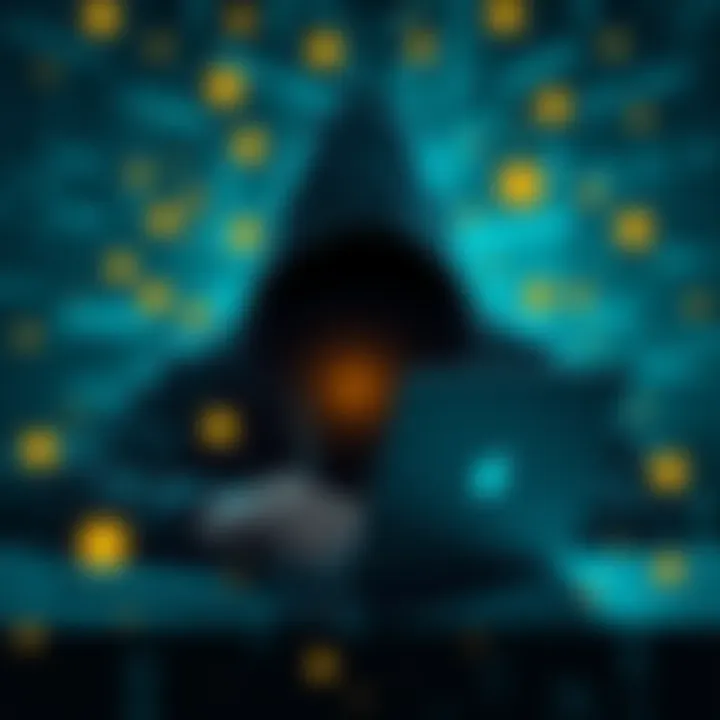 A shadowy figure using a laptop to transfer Bitcoin, surrounded by digital codes and currency symbols.