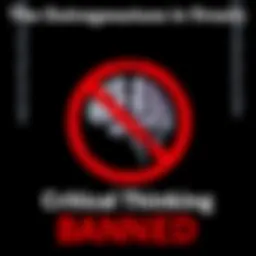A graphic showing a crossed-out brain symbol, representing the ban on critical thinking in forums, with a dark background and chains symbolizing censorship.