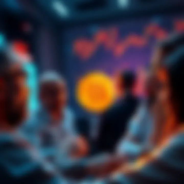 A group of people engaging in a serious discussion about Bitcoin investing, emphasizing analytical thinking and risks.