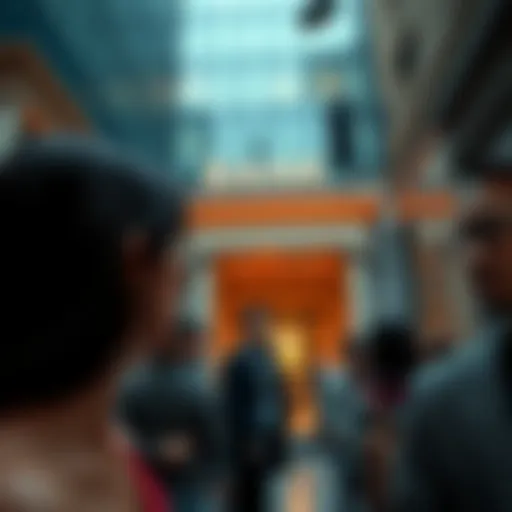 A close-up view of a bank building with people walking by, showing a mix of concern and curiosity on their faces.
