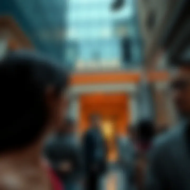 A close-up view of a bank building with people walking by, showing a mix of concern and curiosity on their faces.