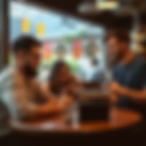 A group of people discussing concerns about Buttcoin in a coffee shop, with laptops and digital wallets visible.