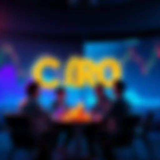 People discussing the future of CRO cryptocurrency prices with charts and graphs in the background