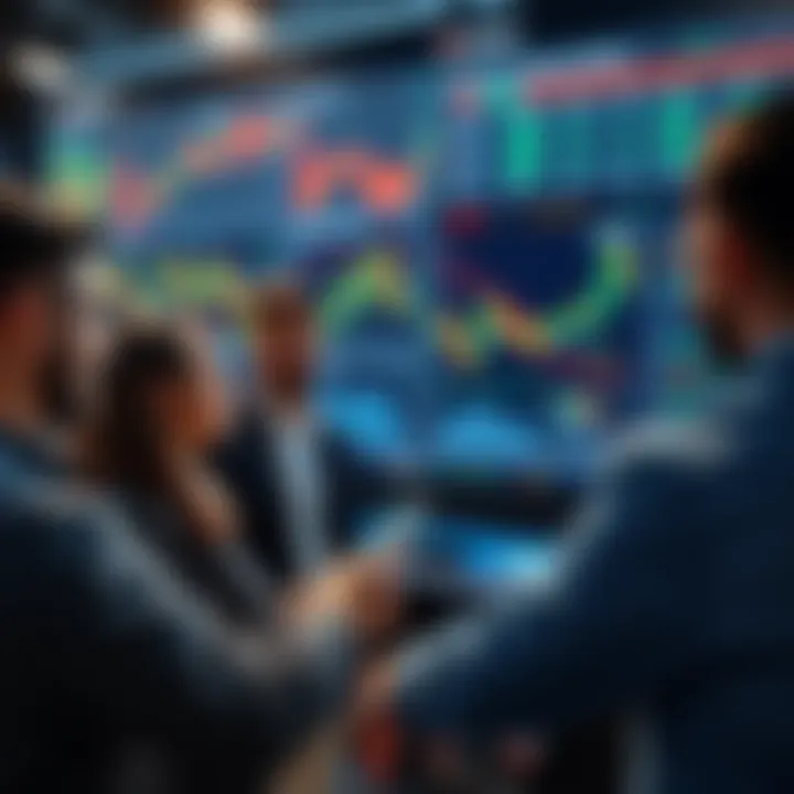 A group of investors looking at financial charts and data on a screen, celebrating the launch of the first CRO ETF.