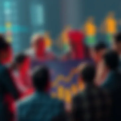 A group of diverse people discussing investment strategies over a large chart showing financial growth after a significant funding boost.