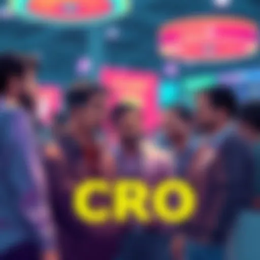 Group of people discussing CRO listing at a crypto event, showing mixed emotions