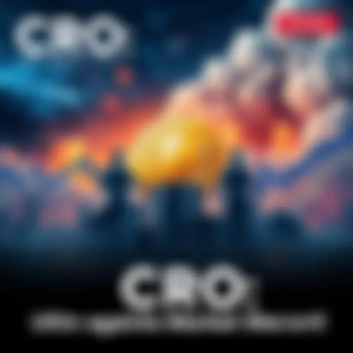 A digital illustration showing CRO coins standing strong against a backdrop of fluctuating market graphs and stormy clouds, symbolizing stability and resilience.