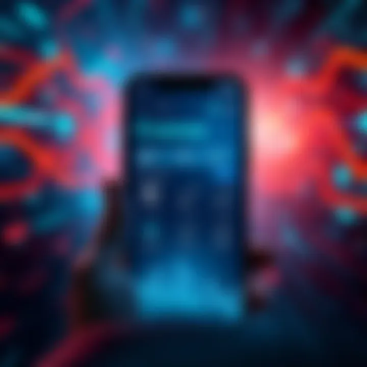 A smartphone displaying the Cronos App interface with crypto features like wallets and trading options, set against a dynamic digital background representing Web3 technology.