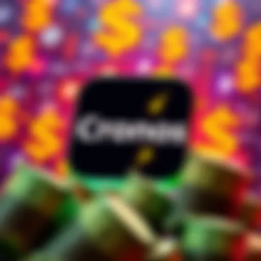 A graphic showing the Cronos App logo with dollar signs, symbolizing staking rewards and financial growth, set against a backdrop of digital currency icons.