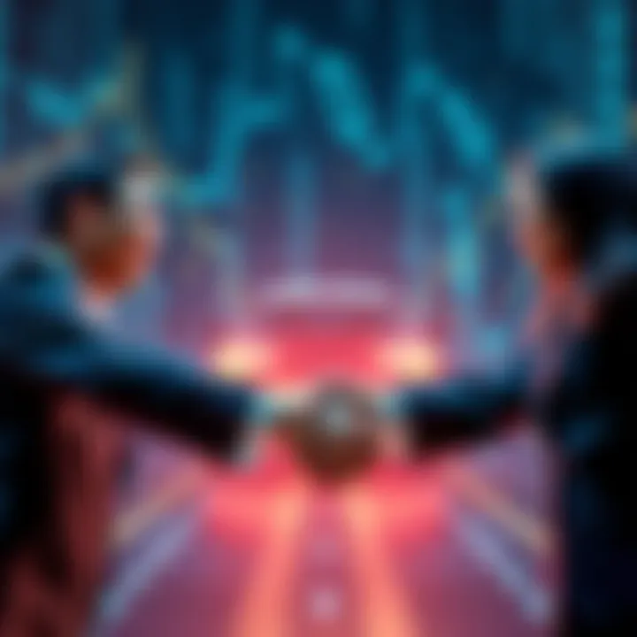 Visa, ANZ, ChinaAMC, and Fidelity representatives shake hands to symbolize their partnership in cross-border finance, with a digital background illustrating Chainlink technology.