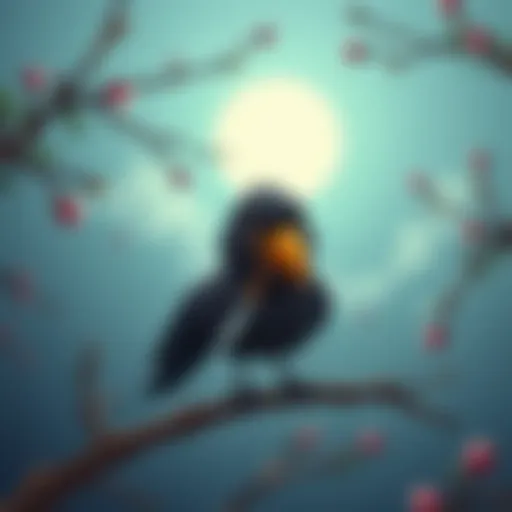 A cartoonish crow standing on a branch with a knife in its beak, looking humorous and playful