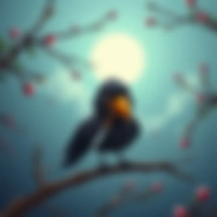 A cartoonish crow standing on a branch with a knife in its beak, looking humorous and playful