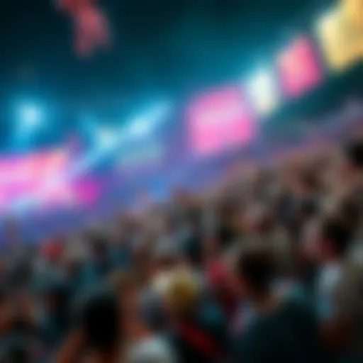 A lively crowd cheering and enjoying the atmosphere of a major event with banners and decorations around.