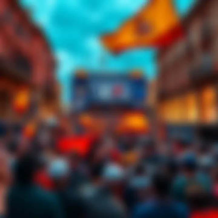 A large crowd gathers in a plaza in Spain, watching the World Cup on a big screen, with flags and cheers all around.