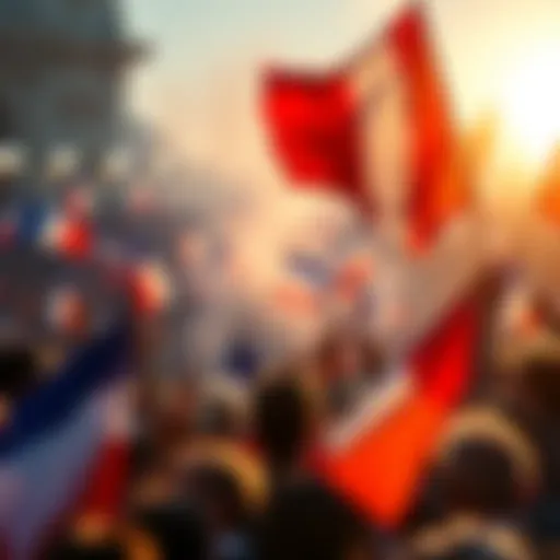 A lively crowd gathering in France, waving flags and enjoying the moment, capturing the excitement of a landmark event.