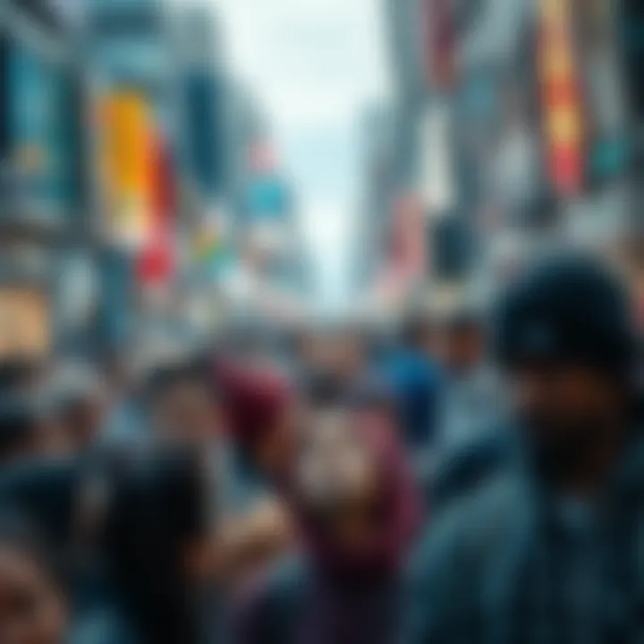 A diverse group of people looking puzzled and discussing among themselves in a busy urban setting, representing societal chaos.