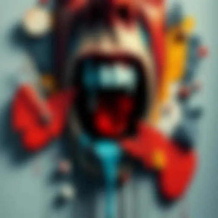 A bold depiction of a crying mouth surrounded by abstract shapes, symbolizing emotional expression and vulnerability in modern art.