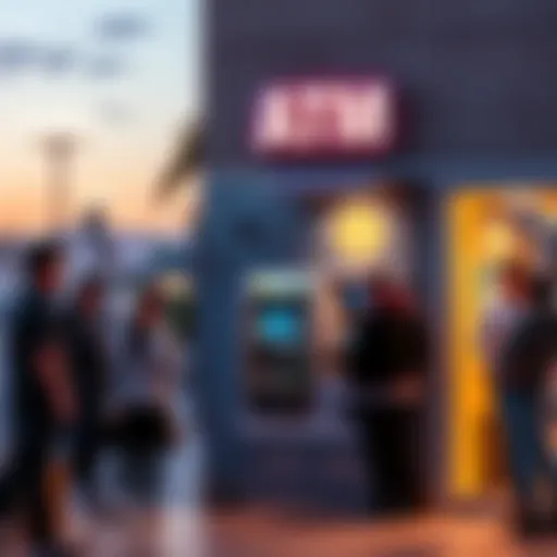 A cash-to-crypto ATM located in the San Diego Santee area with people using it to convert cash into cryptocurrency.
