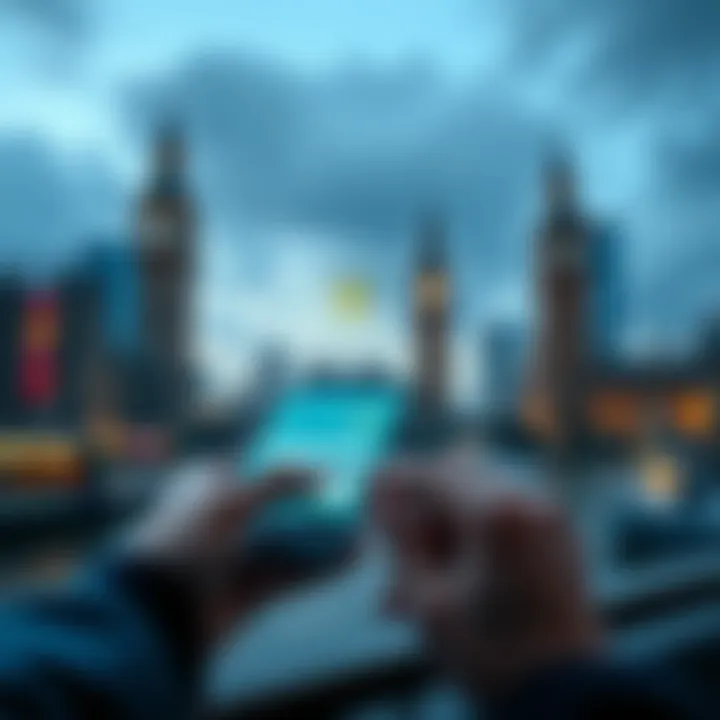 Navigating Crypto Transactions in the UK A visual representation of a person using a bank app for Bitcoin transactions with iconic UK landmarks in the background