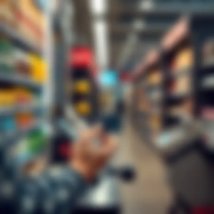 A person swiping a cryptocurrency card at a retail store checkout, showing a digital wallet on their smartphone for easy transactions.