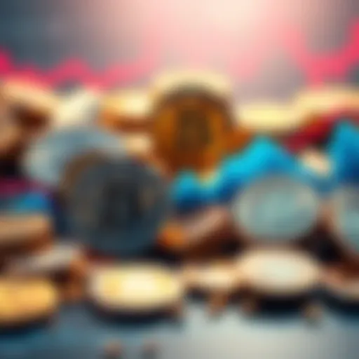 An assortment of cryptocurrency coins with a downward trending chart, symbolizing market struggles and investor decisions