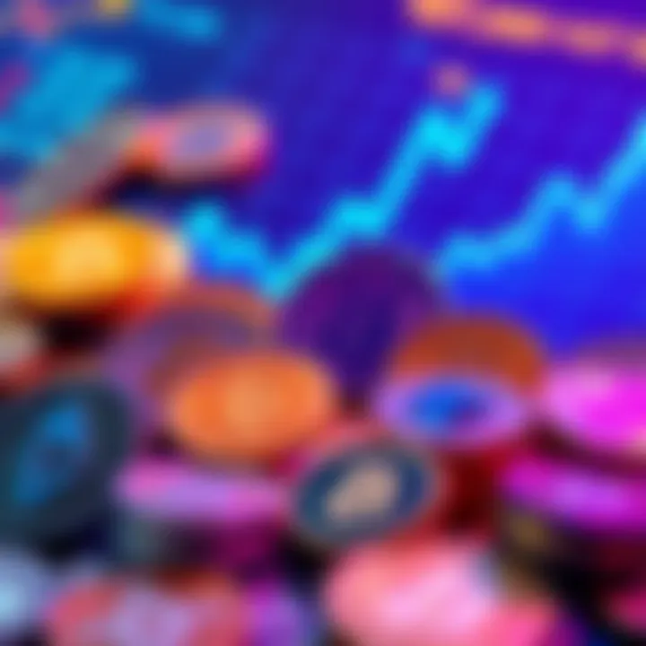 A collection of popular cryptocurrencies with symbols like $ETH, $SOL, and others representing investment options, with a graph showing upward trends and coins displayed in a vibrant setting.